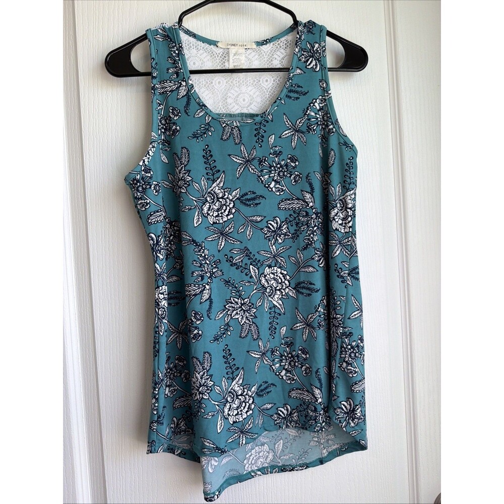 Sydney Rose Women’s Floral Sleeveless Tank Top Lace Back Teal Black White Size S